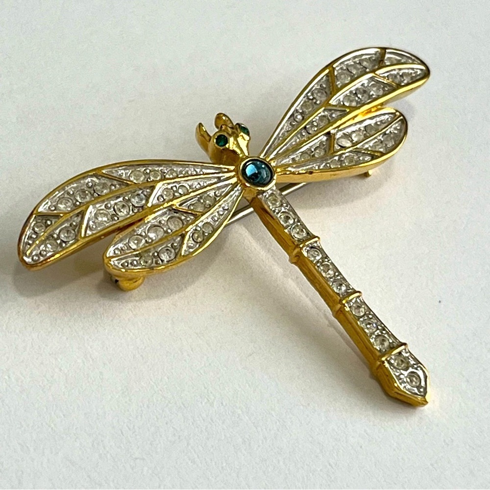 Golden Crystal Dragonfly Brooch Pin 1.25" - Picture 6 of 10